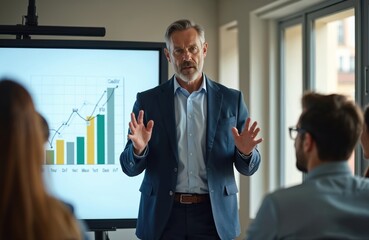 Confident businessman delivers presentation, consults, trains group employees. Mentor explains graph strategy at team meeting. Leader presents finance report on screen, discusses marketing, growth,