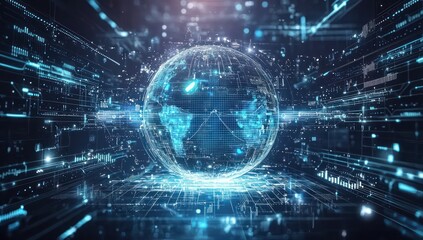 Obraz premium Tech visuals and a digital globe illustrate blockchain and virtual money.