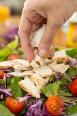 A hand elegantly selecting tender, well-seasoned grilled chicken strips atop a vibrant medley of lettuce, cherry tomatoes, and red cabbage, creating a refined and wholesome meal.

