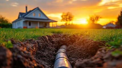 Obraz premium Close-up of a new plastic pipe for a sewage system in the ground on a green lawn near a house at sunset