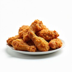 Crispy fried chicken drumsticks pile on white plate. Appetizing lunch, snack. Tender juicy chicken wings, legs, breast. Cooked poultry meal with crunchy crust served. Fast food combo on white
