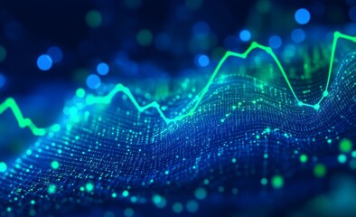 Dynamic data visualization, showing fluctuating trends.  Complex, glowing chart of digital data points.  Intricate patterns