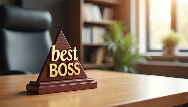 Wooden best boss desk sign in office setup. Workplace table, chair, book shelf. Gold letters. Business leadership concept. Celebrating pro success, motivation, executive recognition. Promoting
