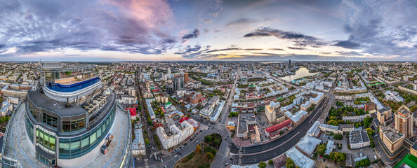 Aerial view of the Yekaterinburg city center with Vysotsky skyscraper. Beautiful landscape of a high-rise building with a rooftop pool and glass facade in Russia
