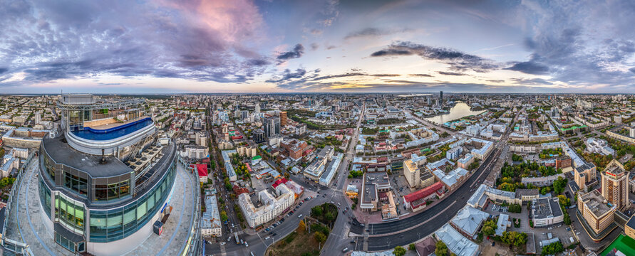 Aerial view of the Yekaterinburg city center with Vysotsky skyscraper. Beautiful landscape of a high-rise building with a rooftop pool and glass facade in Russia