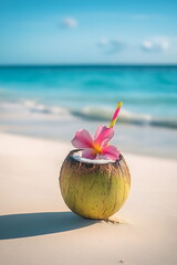 coconut with drinking straw palm tree beach