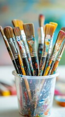 Fototapeta premium close-up photo of paint brushes in a plastic cup