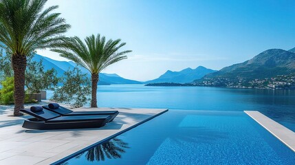 Fototapeta premium Tranquil Infinity Pool Overlooking Serene Ocean and Majestic Mountains