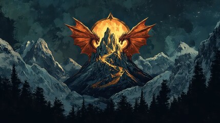 Majestic Dragon Guardian of the Volcanic Mountain Peak Under a Full Moon