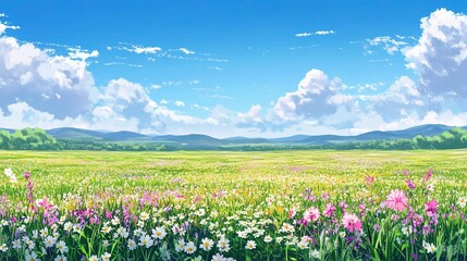 Fototapeta premium Panoramic Spring Landscape with Rolling Green Hills and Flowers
