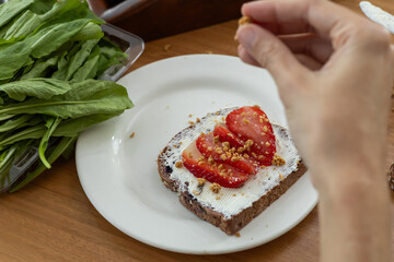 A deliciously simple toast topped with creamy cheese, fresh tomato slices, and a sprinkle of oregano, creating a flavorful, savory bite perfect for any time of day.

