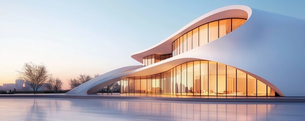 Fototapeta premium modern architectural marvel with smooth curves and large glass windows reflects sunset, creating serene and futuristic ambiance. sleek design harmonizes with tranquil surroundings