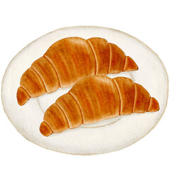 水彩で描いた皿に乗ったクロワッサンのイラスト