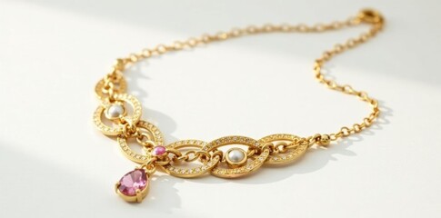 Elegant gold necklace and bracelet set on white background, shiny, precious, jewelry