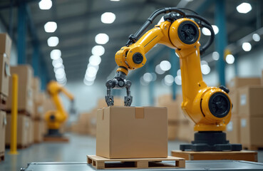 Smart yellow robot arm lifts cardboard box in warehouse. Factory automation, digital industry 4. 0 tech, modern AI robotic logistics solutions, machine learning, smart sensors in warehouse for