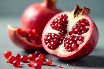 Close-up image of sliced pomegranate revealing juicy seeds, exotic, tropical, tasty