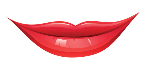 Red smiling mouth with glossy lips, wide and cheerful. Vector cartoon illustration