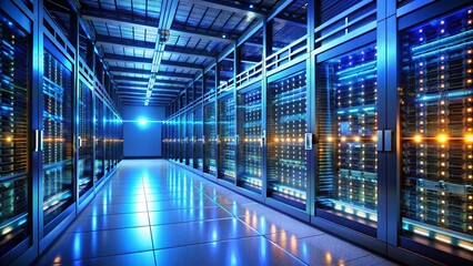 Fototapeta premium Modern Data Center Server Room: Cloud Computing Infrastructure & Technology