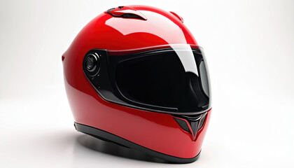 Front view of red motorcycle helmet with transparent visor isolated on white background. Sport equipment for head protection, safe motorbike gear for head safety at racing, motorcycling activities.