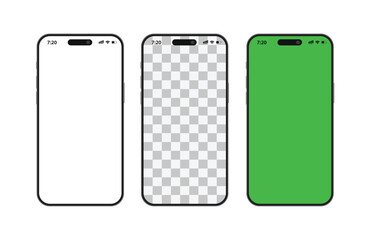 Photo Realistic 3D Vector Mobile Phone Mockup Set with Blank Black White and Green Chroma Key Screen Isolate On White Back. Front View Photorealistic Smartphones with Different Empty Display Templates