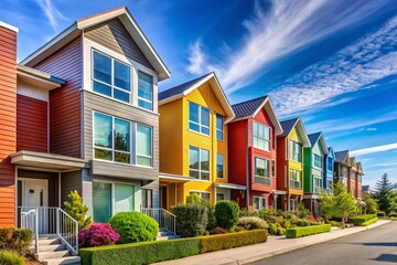 Obraz premium Modern House Row, Colorful Facades, Architectural Variety, High-Resolution Stock Photo