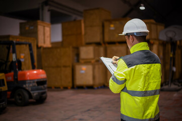 A warehouse inspector is walking around inspecting the condition of a warehouse in a large factory.