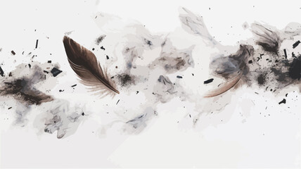 A high-resolution close-up image depicting an abstract arrangement of burnt feathers and ash against a white background. The composition features varying shades of black and gray representing the