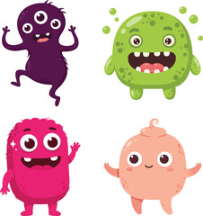 A Collection of Fun Cartoon Monsters with Various Colors and Unique Designs, Purple, Green, Magenta, Peach monster
