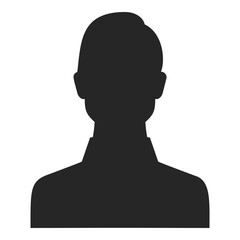Black silhouette of man with short hair and collar. Unknown person for graphic design projects, icon, avatar, or user interface elements. Vector female figure portrait isolated on white background.