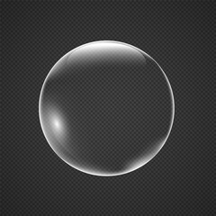 Transparent glass bubble isolated on dark background. Realistic white soap object with reflection. 3d clear circular air bubble on black backdrop. Vector png liquid round water drop shape illustration