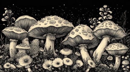 Nighttime mushroom forest illustration, floral background, fantasy art, print