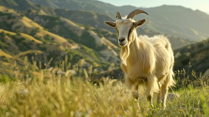 Fototapeta premium A majestic white goat stands gracefully in a sunlit meadow, surrounded by rolling hills and vibrant greenery.