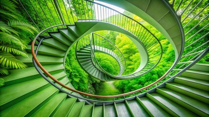 Fototapeta premium Modern Minimalist Green Spiral Staircase Panoramic Photography