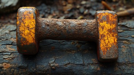 Rusty dumbbell outdoors on wood, grunge background, fitness