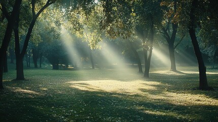 Obraz premium Sunlight Glimmers Through Trees in Serene Natural Park Scene