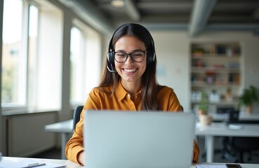 Smiling hispanic businesswoman wearing headset working at the laptop in office. Positive woman working with clients. Business, call center, communication, online video conference, remote support.