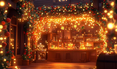 Cozy bar adorned with flowers and lights, bustling with life in a festive evening setting