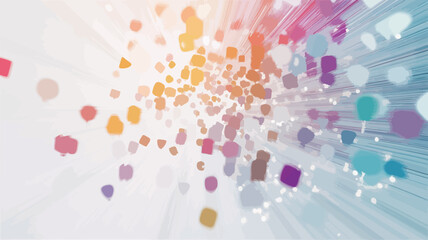 The image is an abstract digital illustration featuring a multitude of small, multicolored shapes dispersed across a white background.  The shapes appear to radiate outward from a central point,