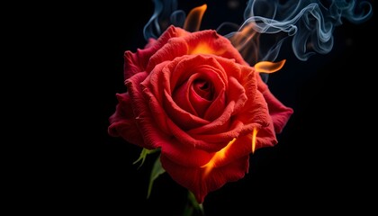 A powerful 4K close-up of a single red dried rose, frozen in the moment as fire engulfs it. The flames dance around the flower, consuming its petals layer by layer, while tendrils of smoke rise into 