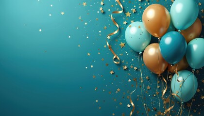 Wide banner with gold, turquoise and blue balloons. Confetti, ribbons and stars add celebratory touch. Festive background ideal for birthdays, holidays, party decorations design.