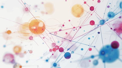 The image is an abstract representation of a network. It features numerous multicolored spheres of varying sizes connected by thin, multicolored lines on a white background.  The spheres appear