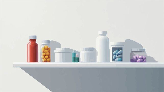 The image shows a white shelf against a white wall, displaying an assortment of white and colored containers and bottles of various shapes and sizes.  The containers appear to hold pills and
