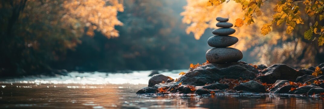 Zen-inspired cairn formation beside tranquil water’s edge, tailored for corporate wellness programs, yoga retreat promotions and digital banners