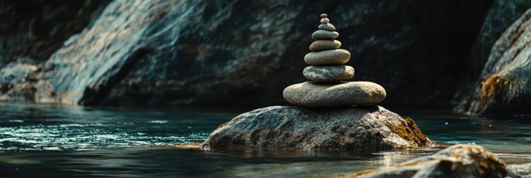 Meditative rock arrangement overlooking misty waterscape, optimized for spa advertising, eco-tourism headers and mindfulness blog visuals