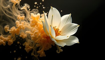 A stunning close-up of a delicate white-petaled flower, its petals pristine and soft, appearing to float in an ethereal underwater environment. Swirling clouds of yellow and orange paint billow around