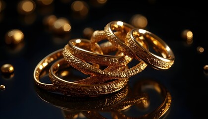 A hyper-realistic 4K image of multiple golden rings suspended in mid-air, slowly rotating around a central axis. Each ring features fine, intricate geometric patterns with beveled edges that catch the