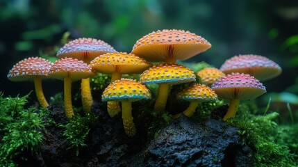 Colorful mushrooms cluster on mossy rock, forest background, nature photography
