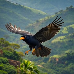 Obraz premium Regal Ascent: A Ceylon Hill Myna Gliding Over Verdant Hills and Ancient Ruins