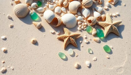 Sun-bleached seashells, starfish, and smooth sea glass scattered on pale sand, ample negative space, sand, background