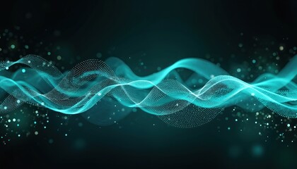 Abstract light wavy lines flowing dynamic in blue green on black background. Tech, digital concept. Network, communication, AI tech, music, equalizer, science themes. Creative modern illustration.